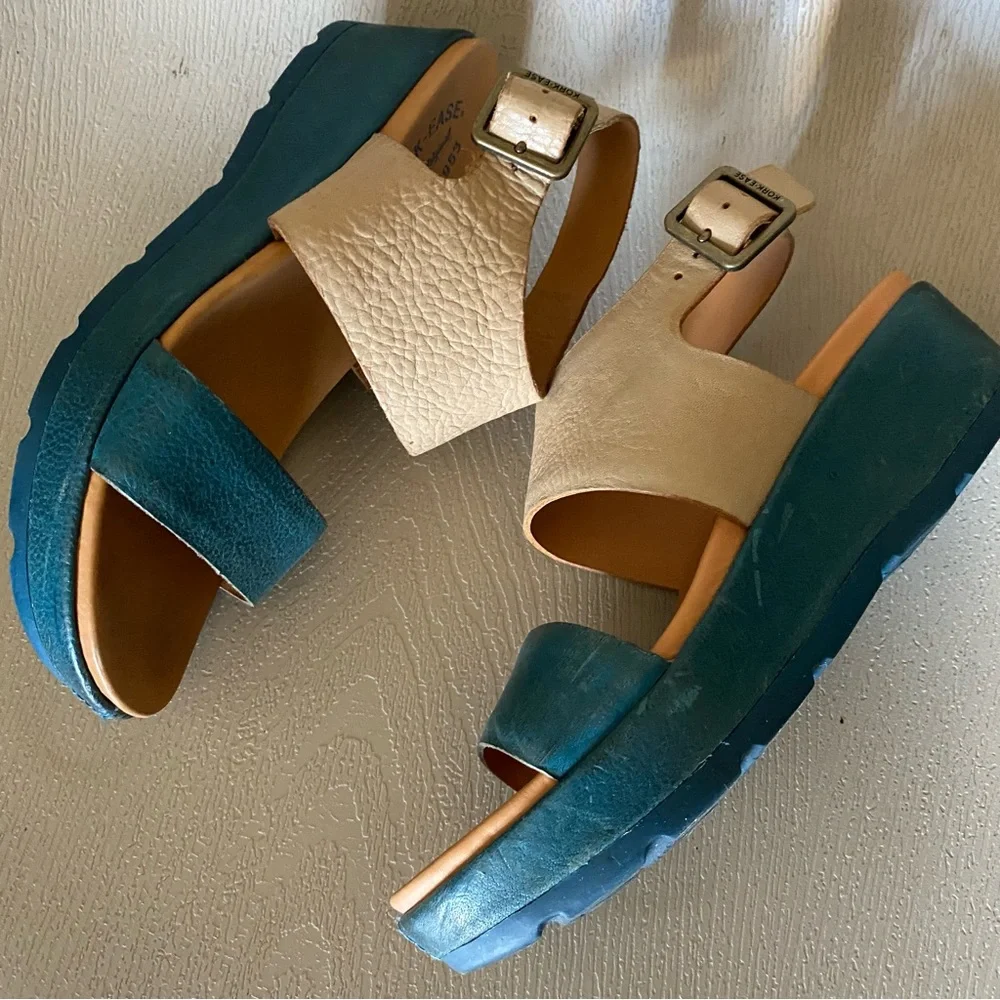 Kork-Ease leather wedge teal blue platform strap buckle sandals 8m